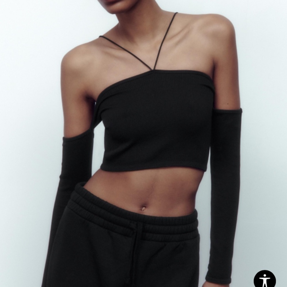Zara Black Off the Shoulder Crop Top Long Sleeve XS NWOT